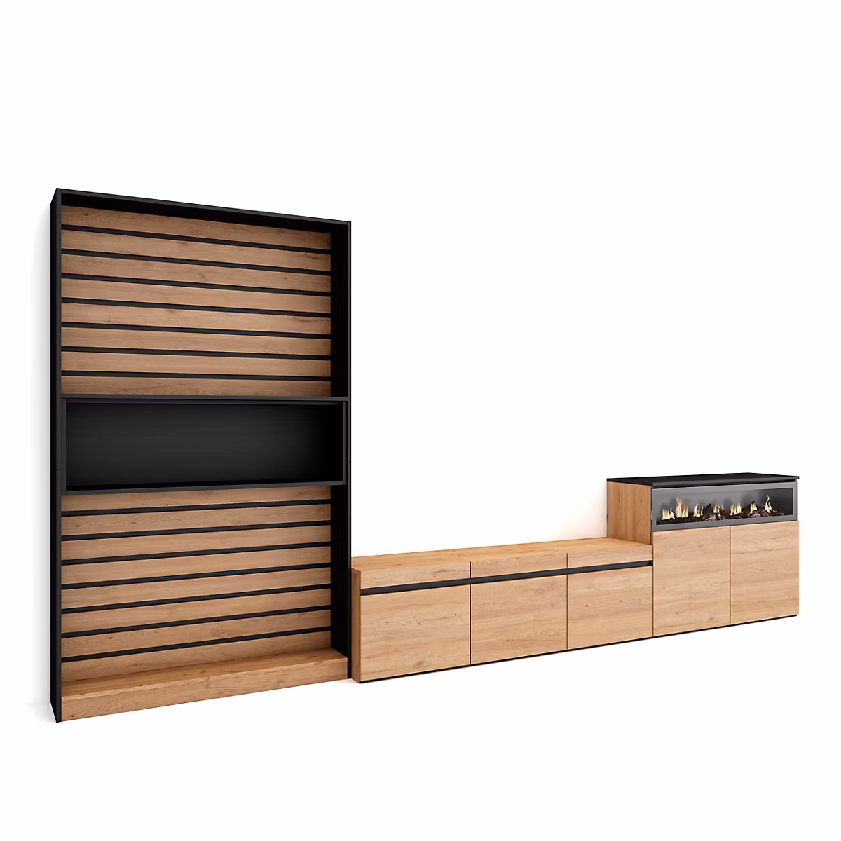 Ensemble meuble TV 360 × 35 × 186cm feu led sans chaleur chêne et noir