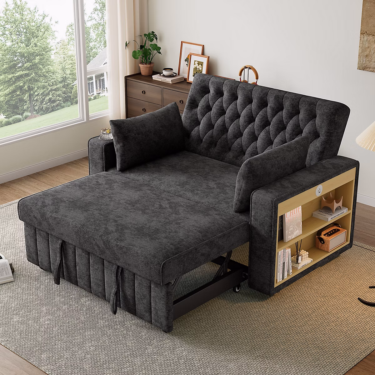 Canapé convertible – Canape lit multifonction gris avec rangement porte gobelets port USB et coussins convertible pour salon chambre ou chambre invites