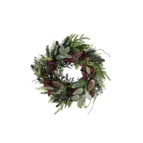 Couronne de feuillage vert et pommes de pin bordeaux Bodi - Ø 40 x H 11 cm