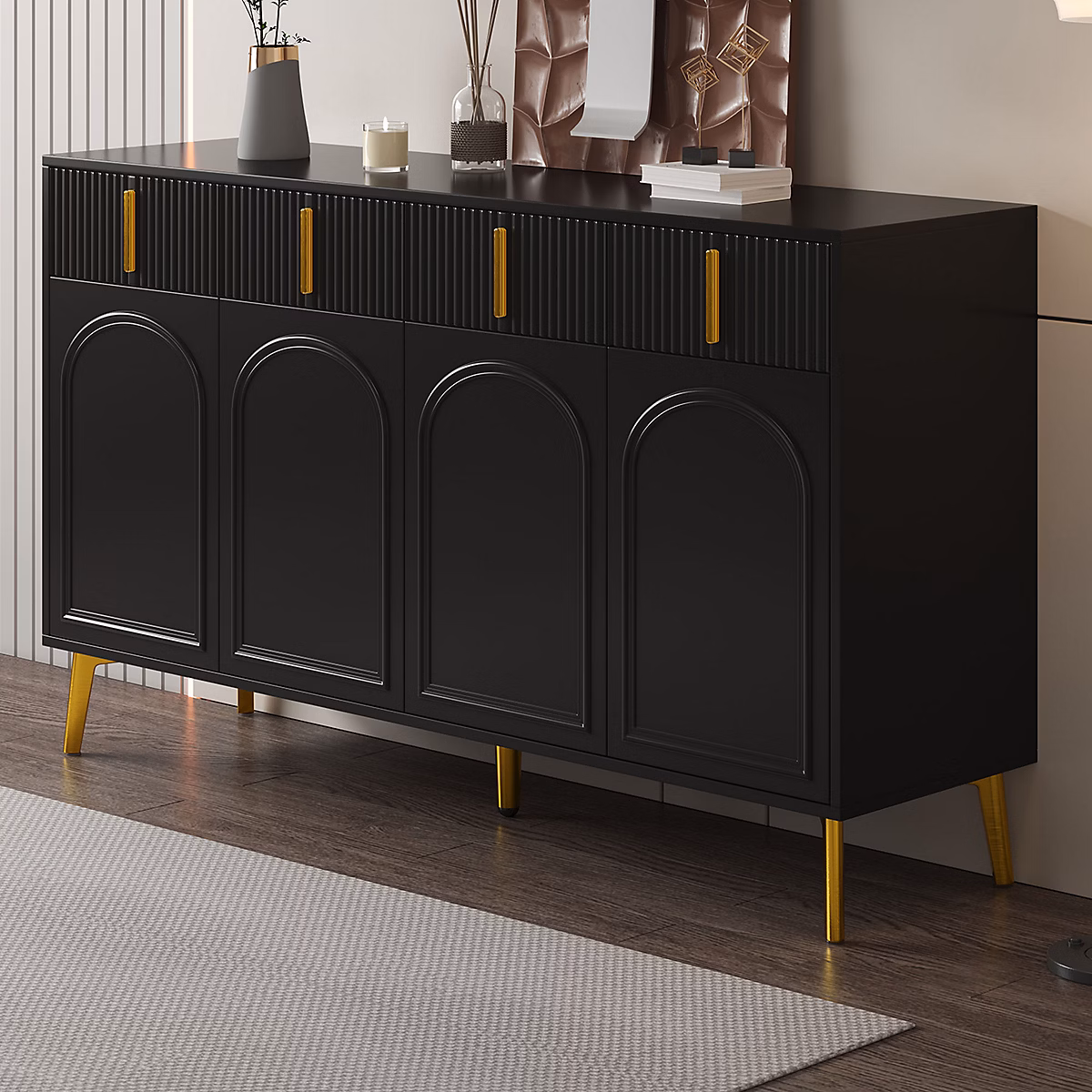 Buffet Moderne avec 4 Portes et 4 Tiroirs – Poignées Dorées | Meuble de Rangement Élégant pour Salon/Cusine | MDF Noir | 140 × 38 × 82 cm