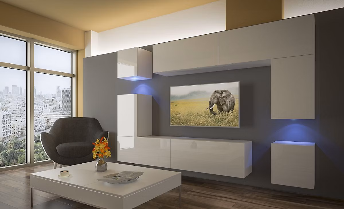 Ensemble meuble TV NEXT 5 AN5 – 17W, HG26, 1A blanc brillant 240 cm