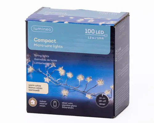 Guirlande lumineuse argent avec 100 micro LED étoiles blanc chaud sur piles - 1,20 m
