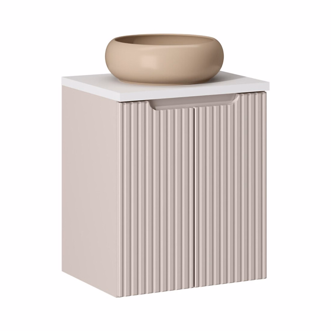 Meuble vasque – Ensemble VANO cachemire et blanc 50cm : meuble sous vasque à placards et plan pour vasque et vasque ronde cappuccino à poser