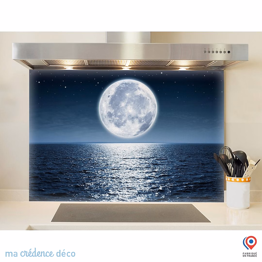 Crédence cuisine fond de hotte Mer et lune – Verre trempé | L 70 cm x H 60 cm | MaCrédenceDéco