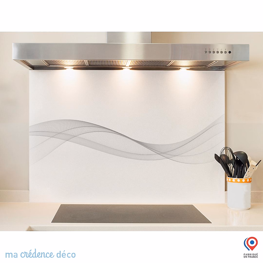 Crédence cuisine fond de hotte Courbe 3 blanc – Verre trempé, L 90 cm x H 50 cm, MaCrédenceDéco