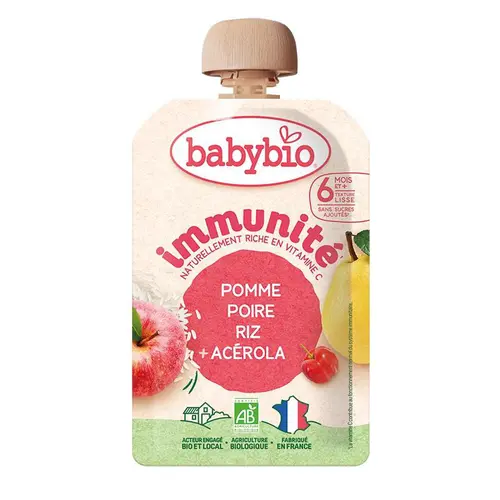 Gourde de purée de fruits bio pomme poire riz acérola Babybio immunité - 100 g