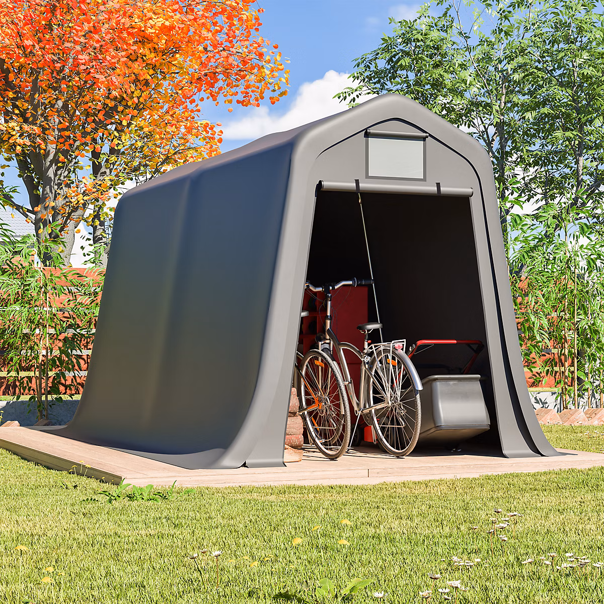 Abri de jardin 366 cm en acier et bâche PE gris avec porte enroulable | Abri de jardin