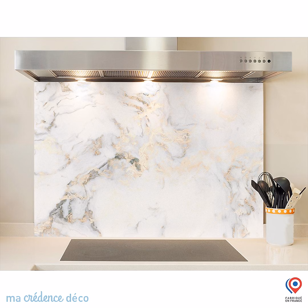Crédence cuisine fond de hotte Marbre blanc doré | Verre trempé – L 90 cm x H 70 cm – MaCrédenceDéco
