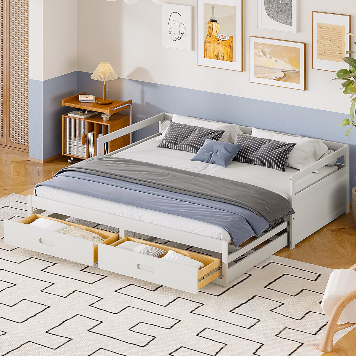 Canapé – lit extensible 90/180 × 200 cm en pin blanc avec tiroirs et sommier, Lit avec espace de rangement pratique et confort optimal