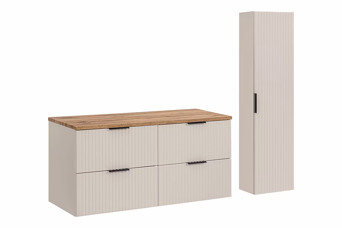 Ensemble ADEL CACHEMIRE meuble suspendu sous vasque avec plan chêne 120 cm et colonne 35 × 140 cm