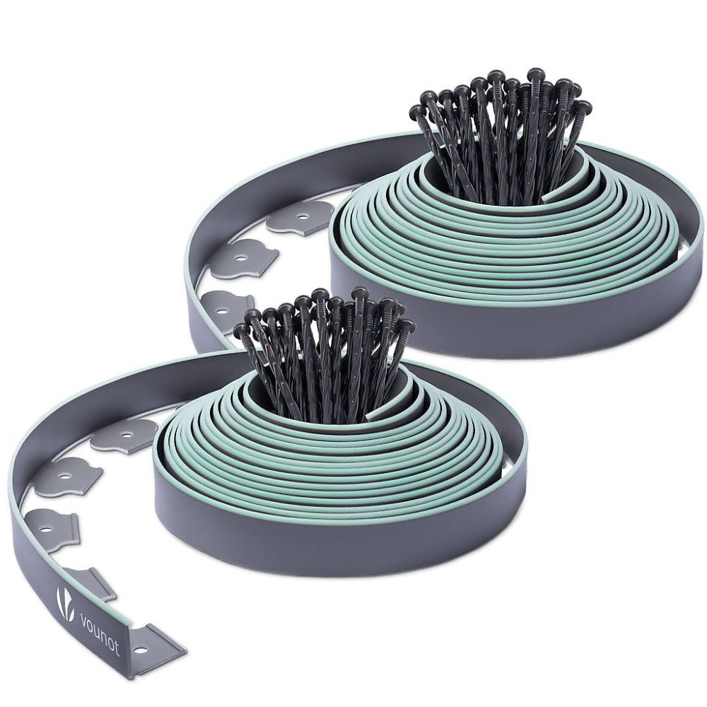 Outil de jardinage et accessoire – Bordure de jardin plastique flexible 20m avec piquets gris bordé de vert clair VOUNOT
