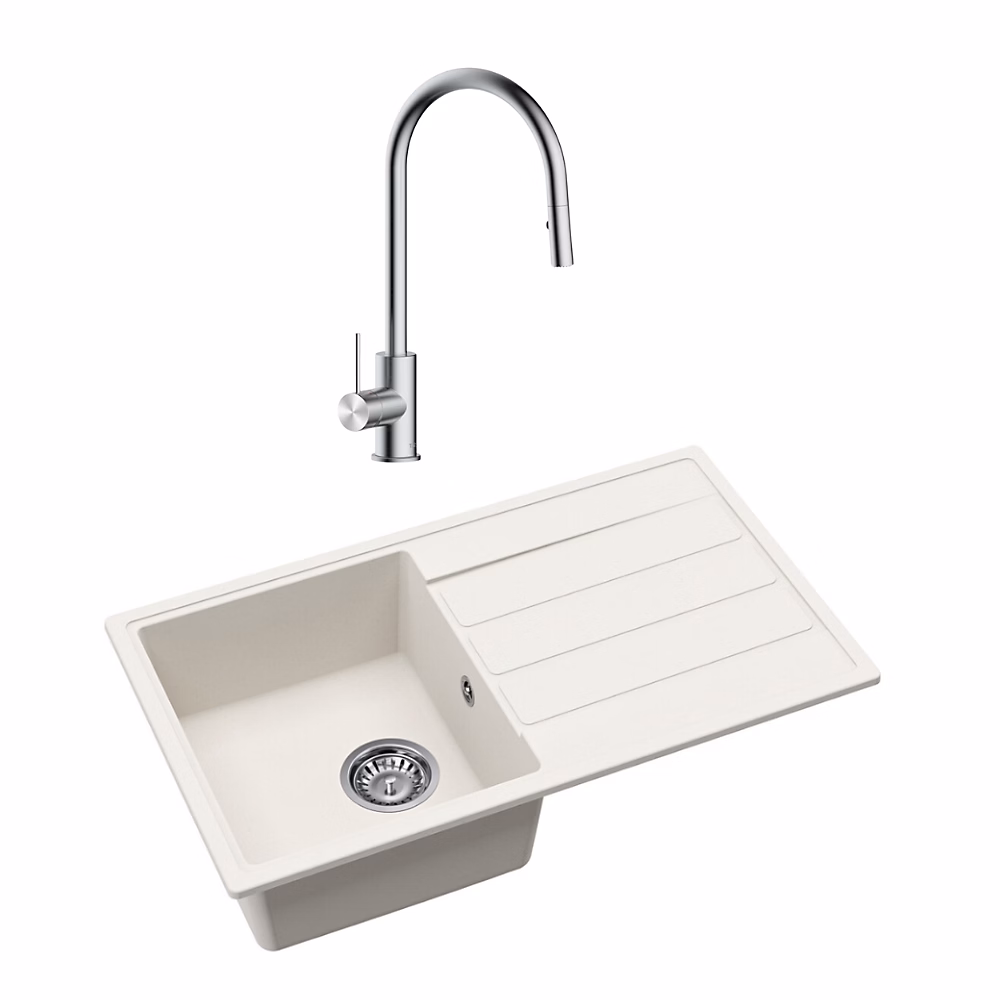 76 × 44 cm évier avec égouttoir réversible en granite à en castrer + mitigeur avec douchette 2 jets – blanc