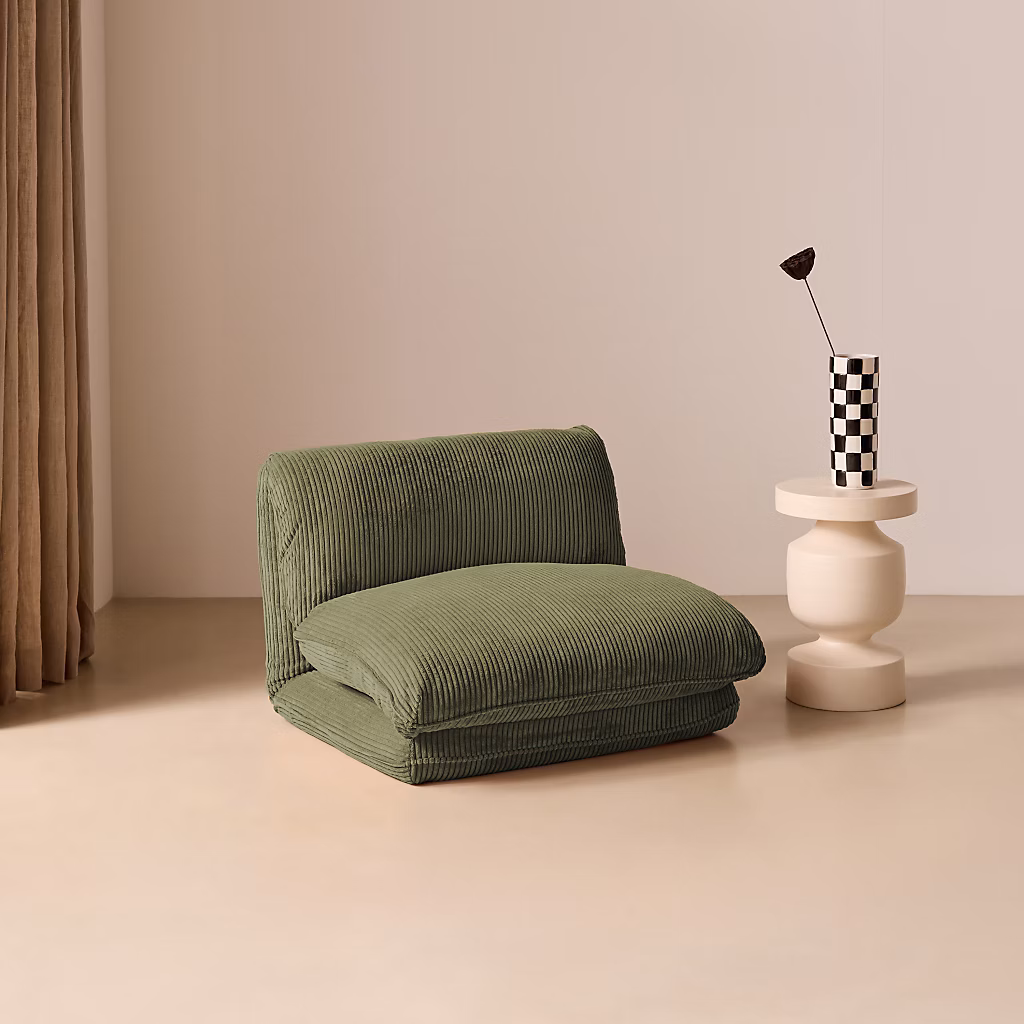 Fauteuil intérieur – Chauffeuse matelas kaki convertible velours côtelé grosse côte 1 place Cosy