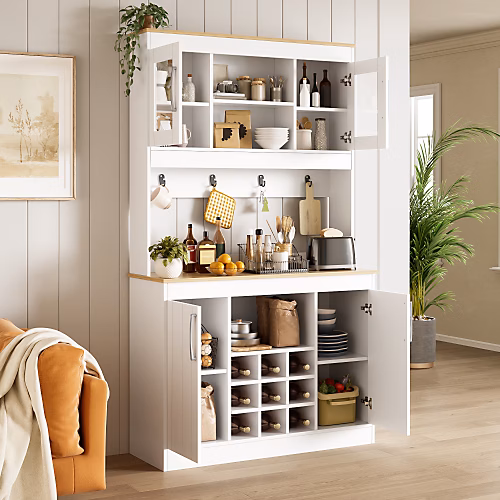 Buffet de cuisine 106 × 39 × 175cm avec placards hauts | 4 portes – Casier à vin et crochets – Panneaux de particules – Blanc+naturel