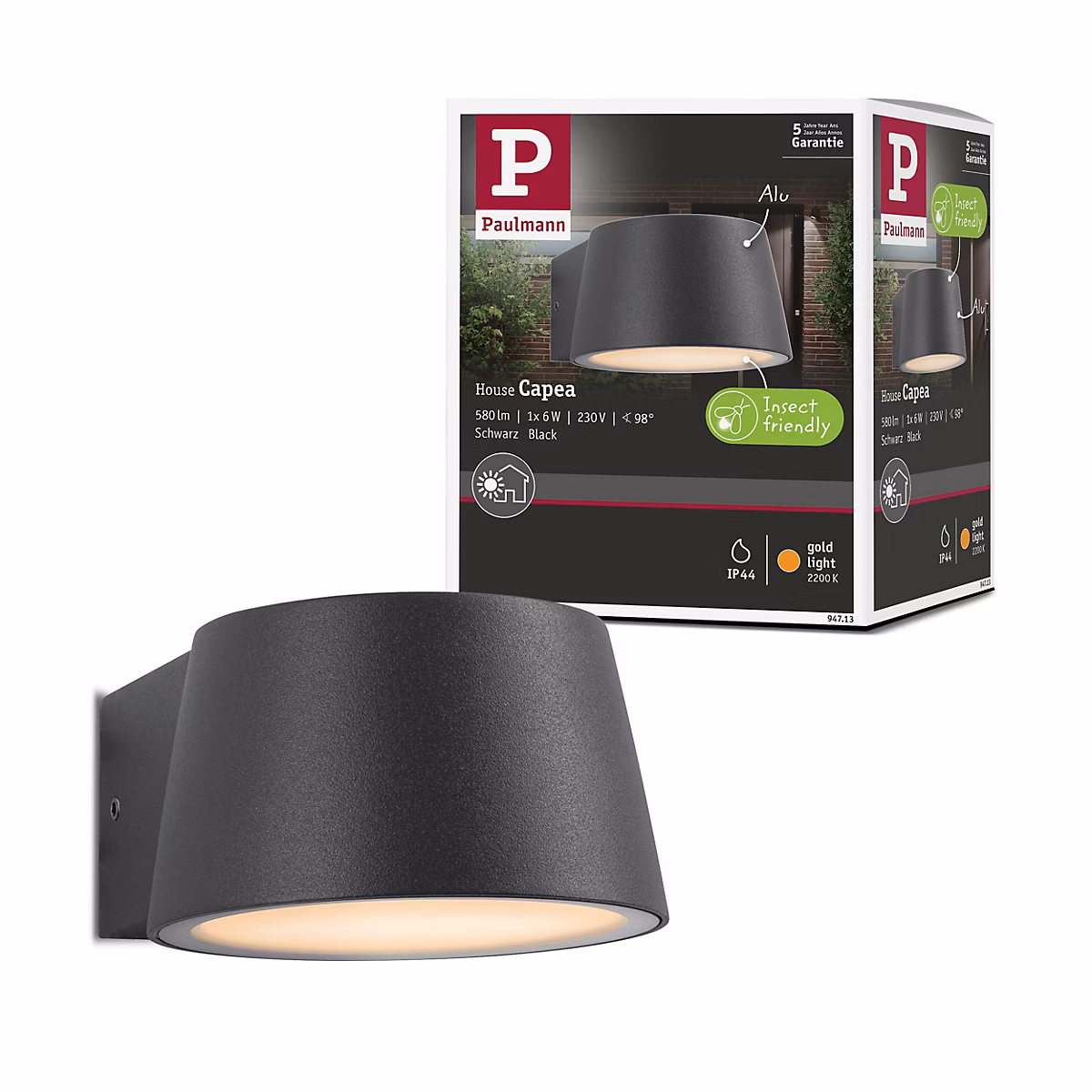 Paulmann Capea Applique extérieure LED 6 W 2200 K noir 96 × 128 mm – 550 lm