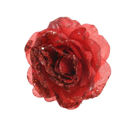 Rose à paillettes rouge Noël sur clip - 14x8.5 cm