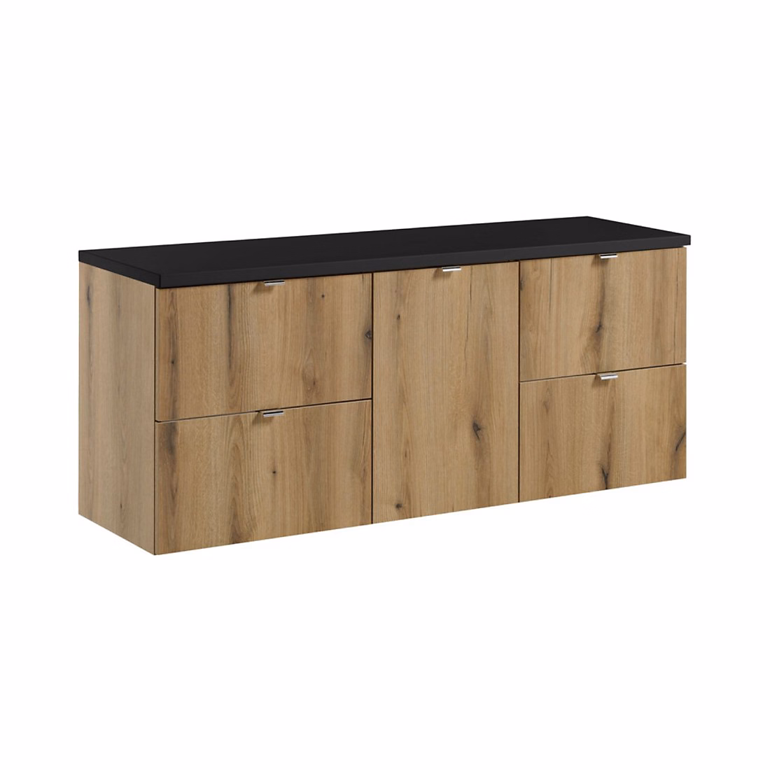Ensemble de salle de bain VANO aspect chene et noir 140cm : meubles sous vasque à tiroirs et panier à linge et plan pour vasque – Réf. BLNNAEJZU6148212531