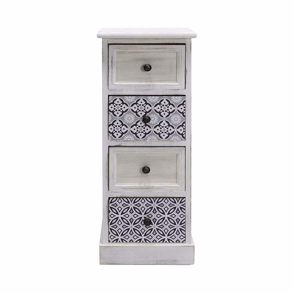 Commode Table de Chevet Etroite Bois MDF Blanc Gris 4 Tiroirs Vintage Entree 76 × 30 × 25 cm