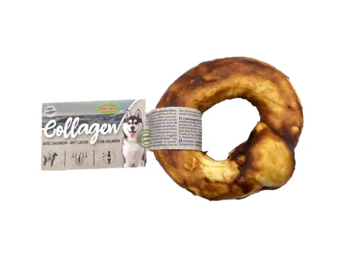 Friandise à mâcher pour chien en vrac donut de collagène au saumon Bubimex – Ø 10 cm – Prix à la pièce