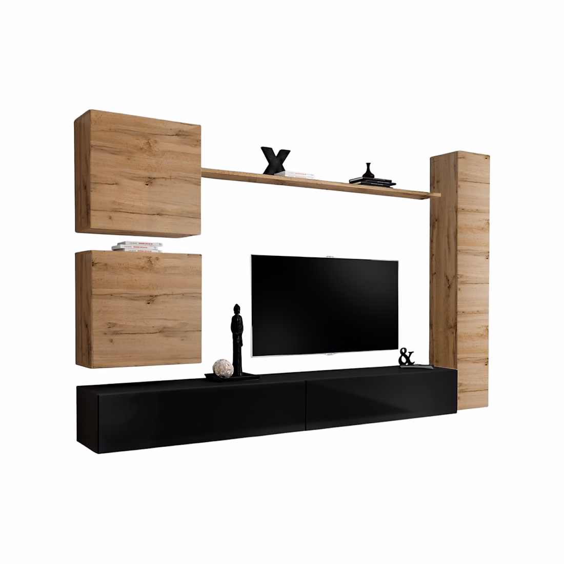 Composition murale SWITCH VIII Meuble TV mural – colonne et cubes suspendus Noir brillant et chene Wotan Design moderne
