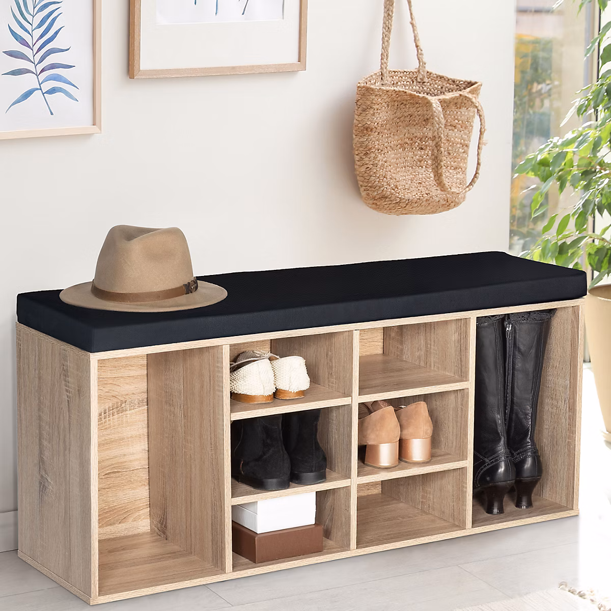 Rangement chaussures – Banc d'entrée chaussures avec coussin TEO bois façon hêtre