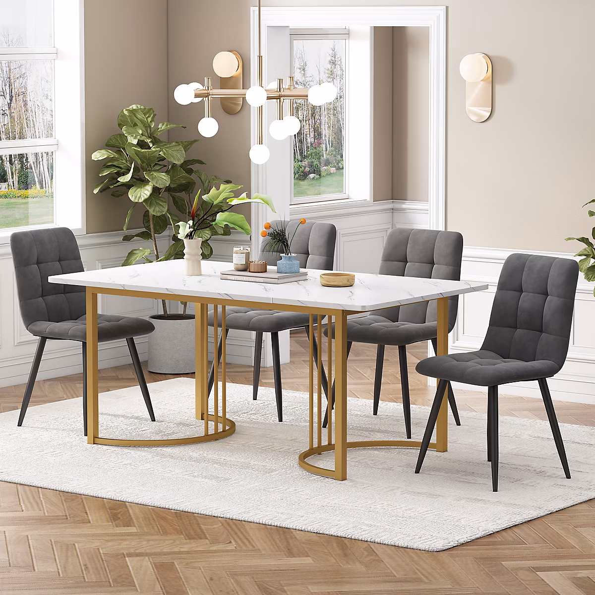 Ensemble table et chaise – Ensemble repas 5 pièces 140 cm effet marbre blanc avec 4 chaises en velours