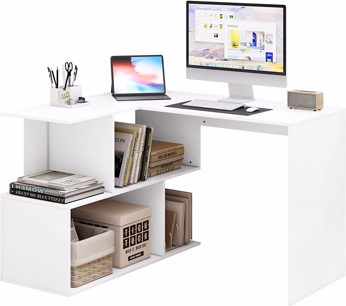 Aménagement bureau – Bureau Angle Blanc avec Rangement Asymétrique en Bois