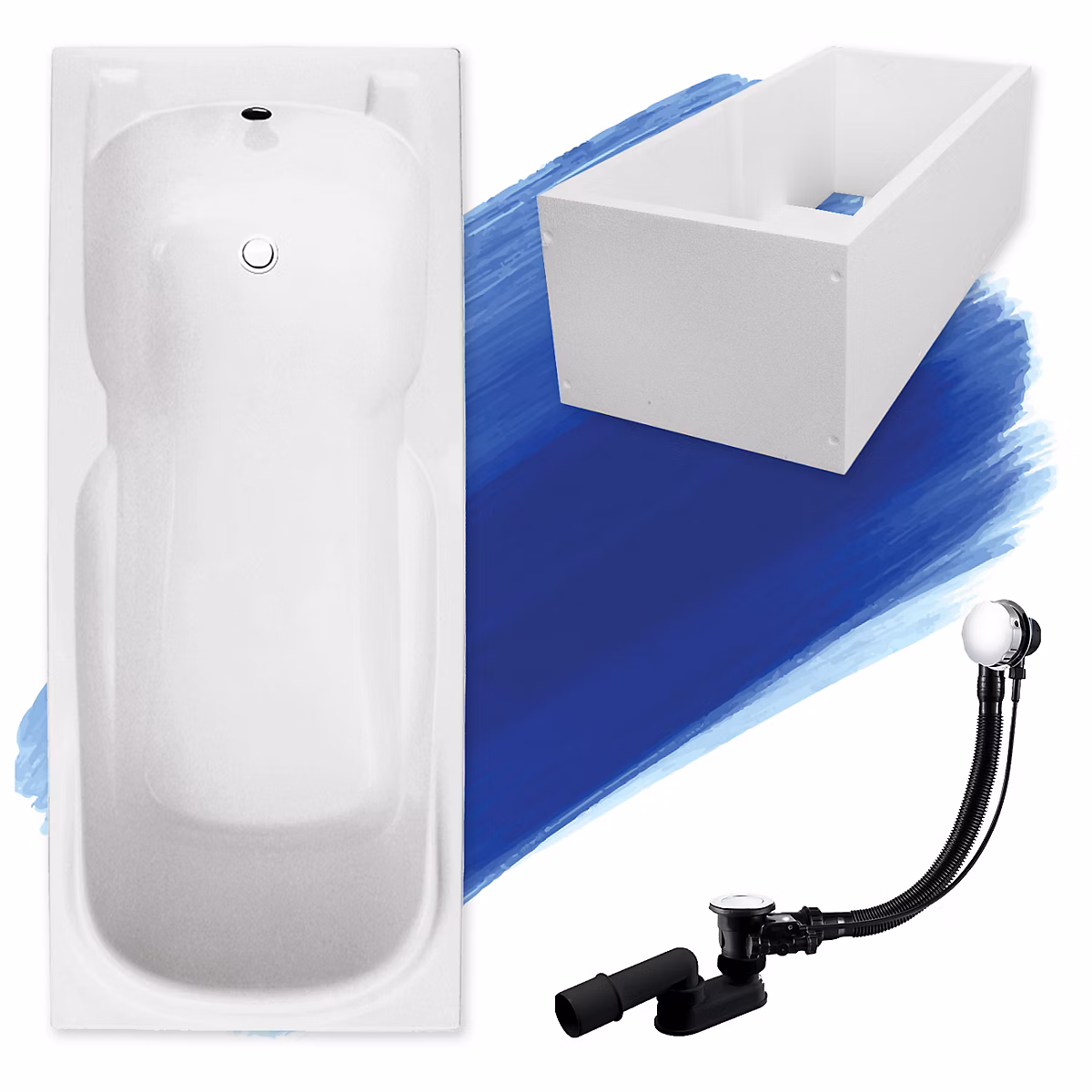 Baignoire rectangulaire 150 × 70 MAJKA acrylique blanc + Support stabilisateur en polystyrène + Pieds + Vidage à chromé