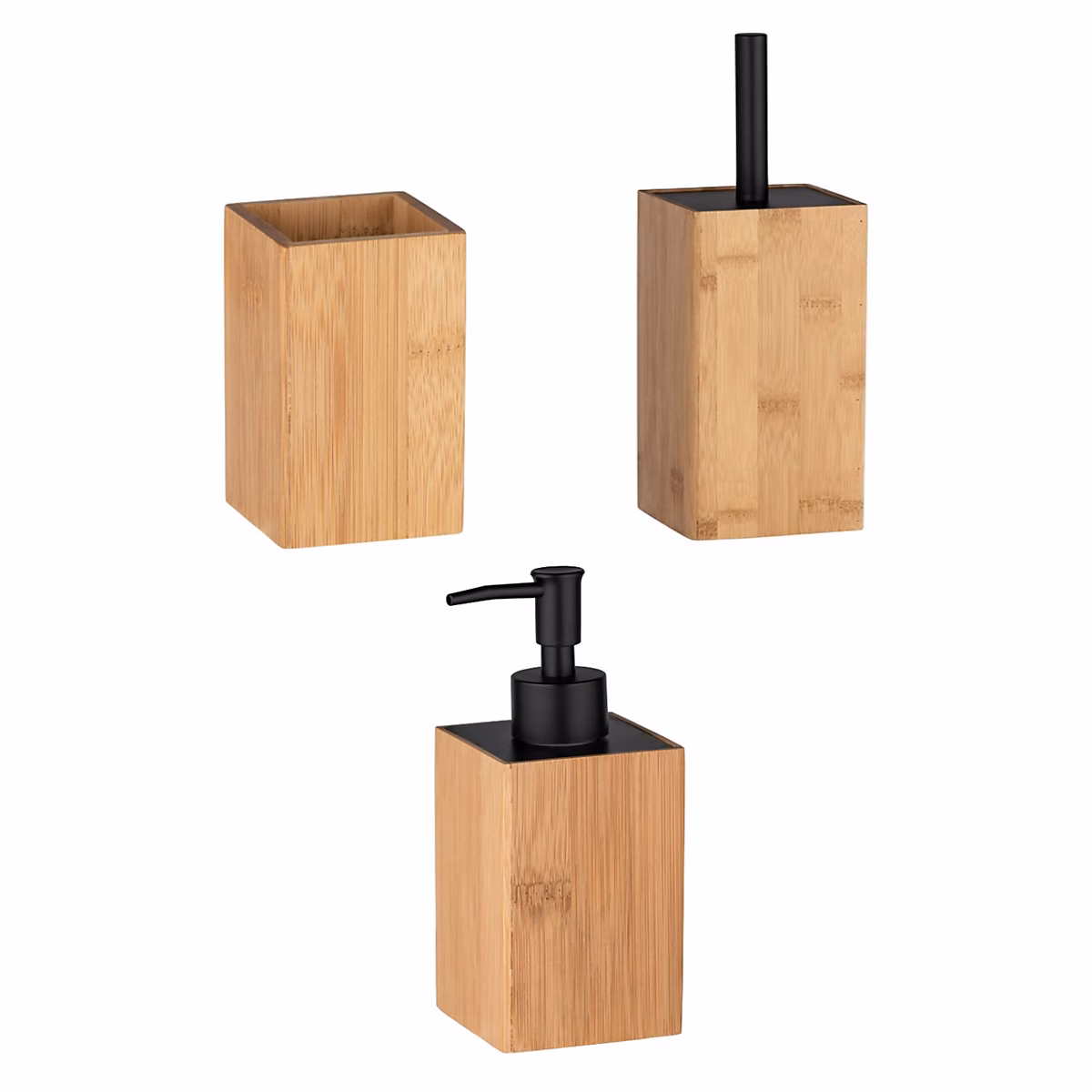 Accessoires salle de bain en bambou brosse WC – distributeur savon et gobelet Marron | L. 10 x l. 10 x H. 38 cm | PADUA
