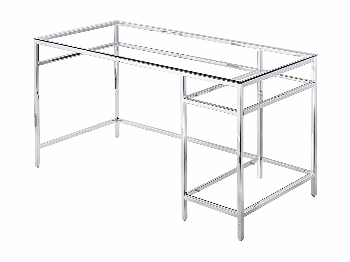 Bureau avec 2 étagères – Verre trempé et acier, Argent, TIZIO
