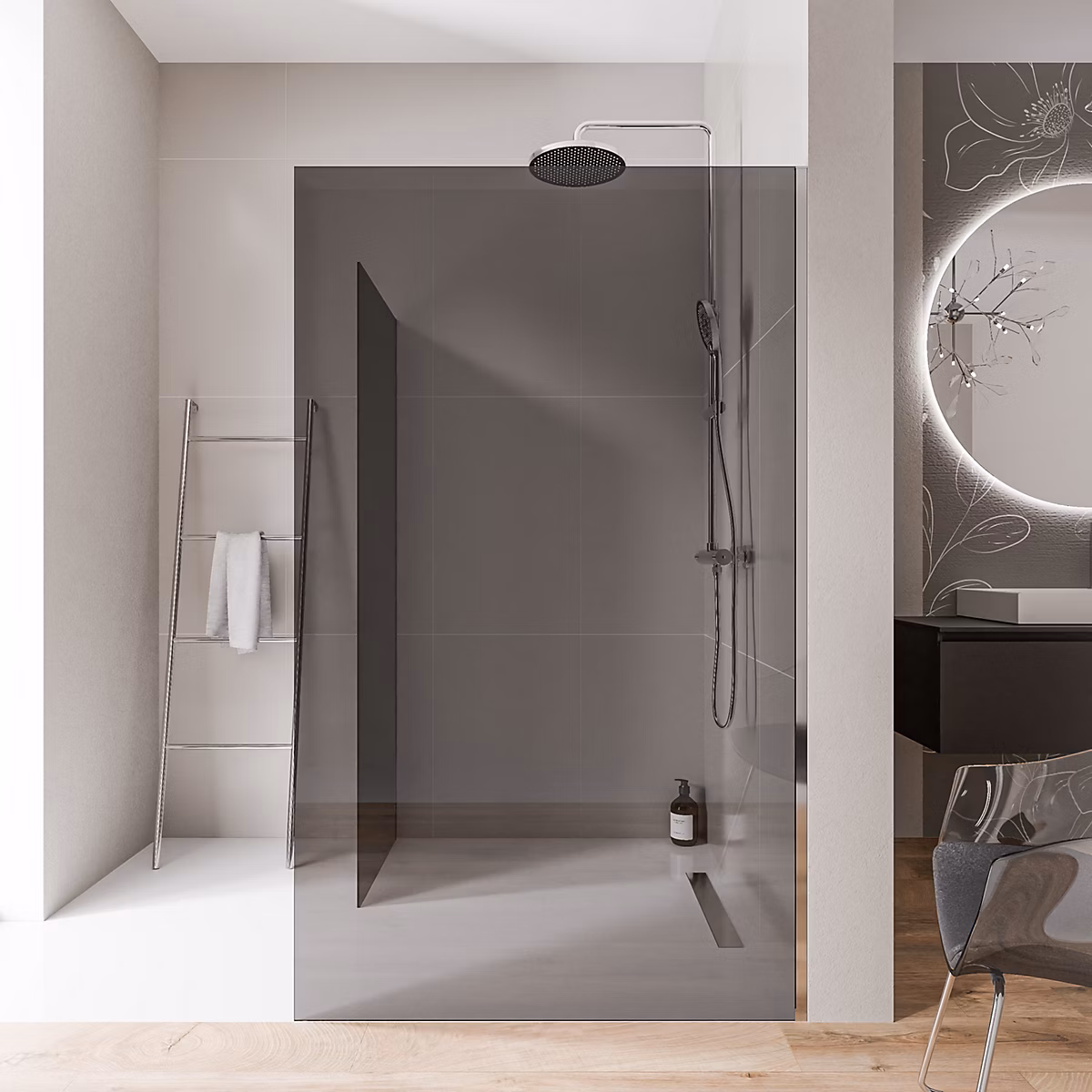 2 Parois de douche italienne d'angle 90 × 200cm + 100cm | verre fumé NANO 10mm – profilé mural inox chrome – sans profilé sol – EX102
