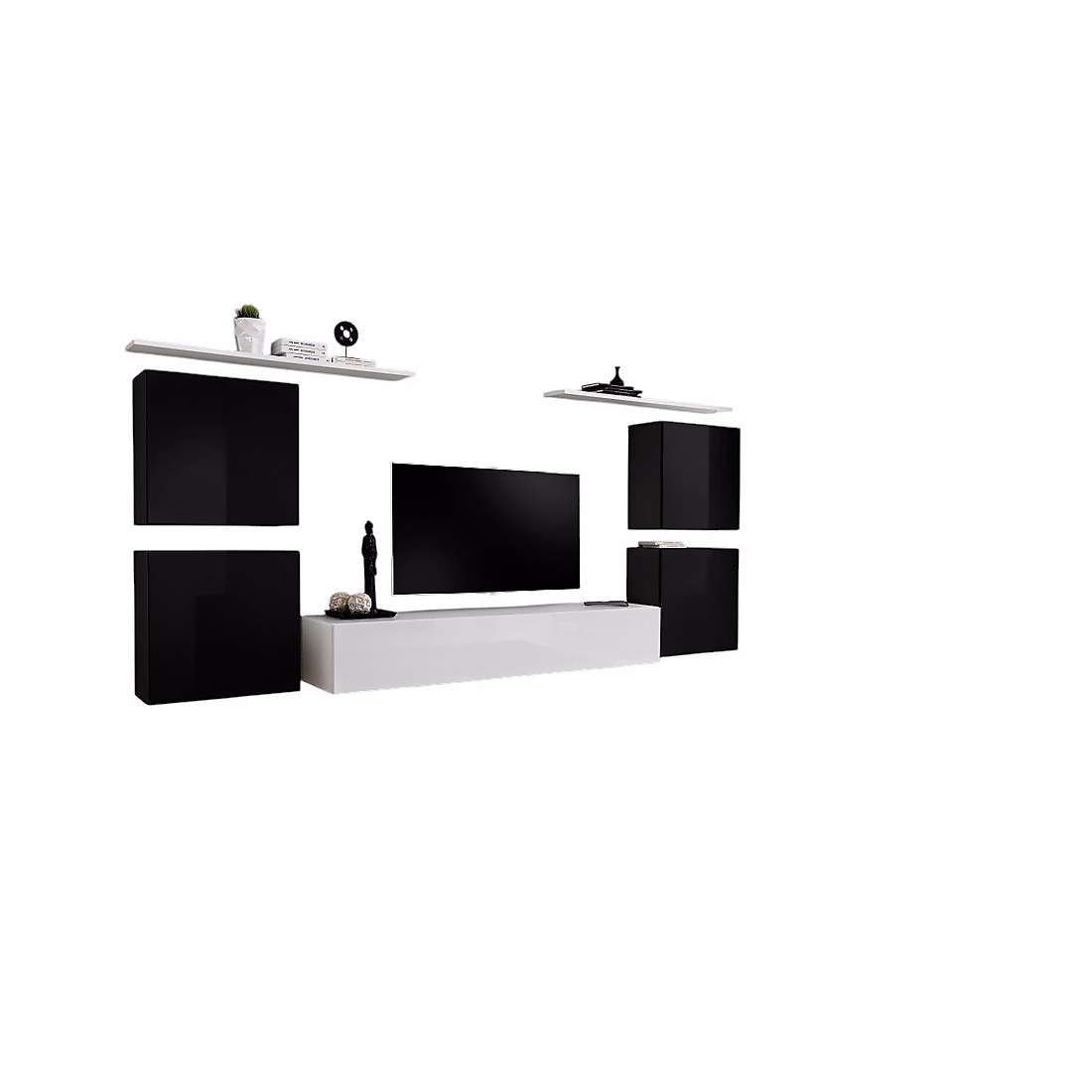 Composition murale SWITCH IV Blanc et noir brillant Meuble TV – blocs suspendus et étagères Design moderne