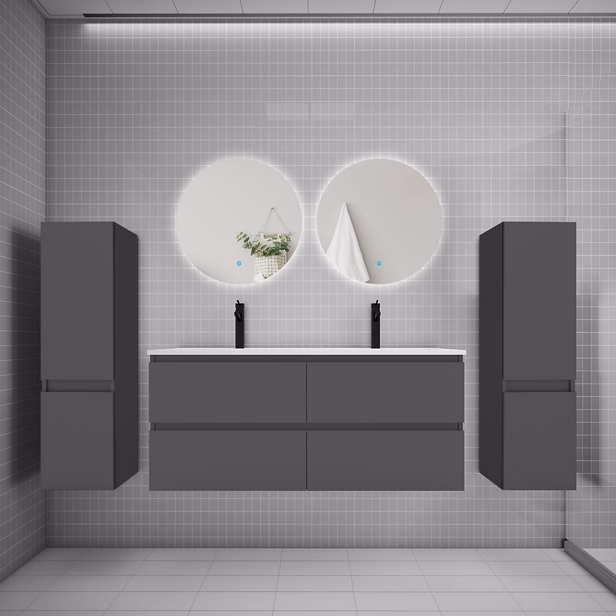 Ensemble meuble de salle de bains – Ensemble meuble de salle de bain et lavabo anthracite (L.120cm) 4 tiroirs + meuble haut x2 + lavabo + miroir rond LED x2