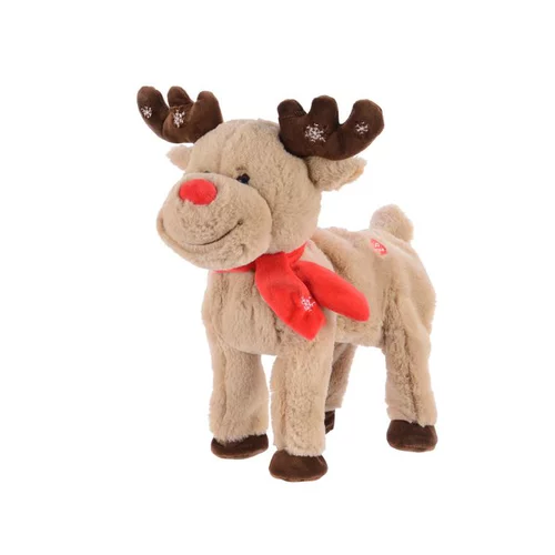 Peluche animée en polyester coloris beige renne de Noël – H 28 cm