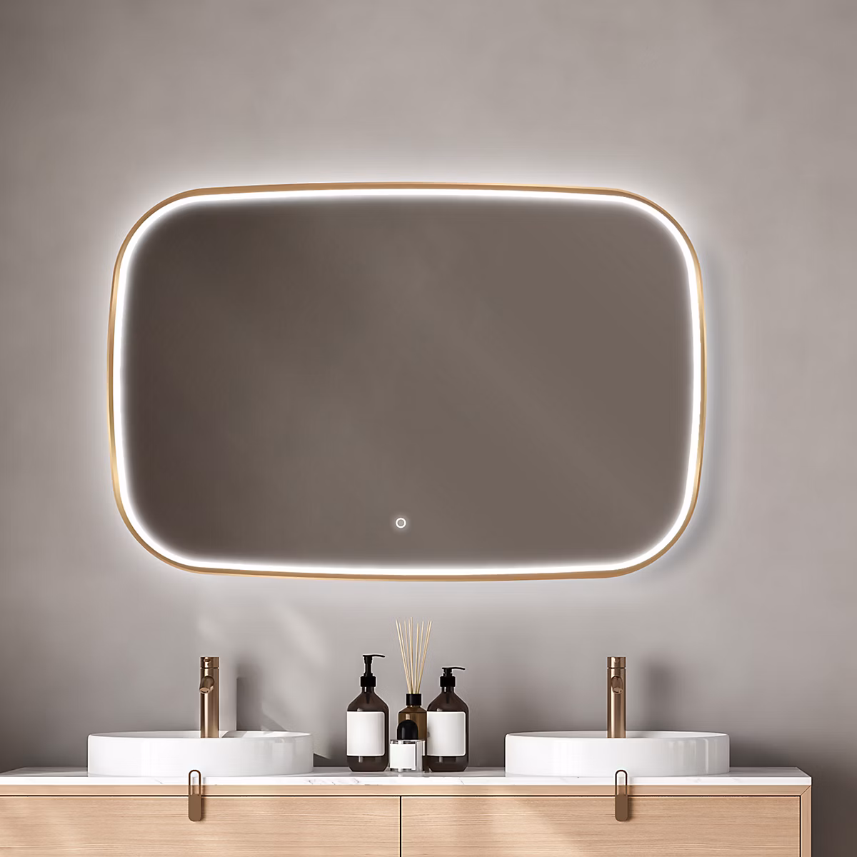 Miroir salle de bains éclairant à LED cadre doré l.120 x H.80 x P.4 cm – anti, buée, MPGlass Céleste