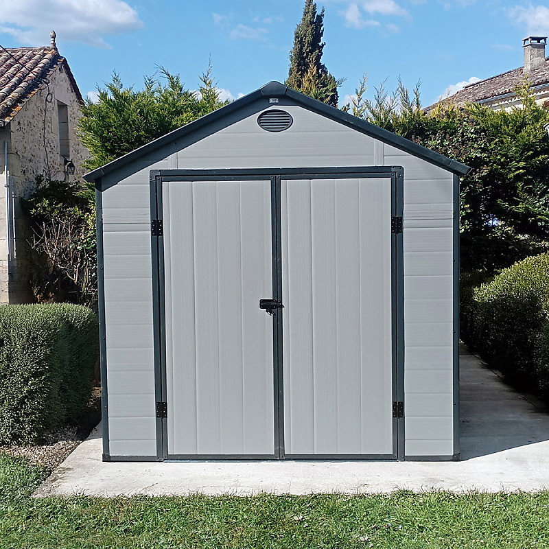 Abri de jardin résine 5 – 32m² anthracite double porte, Kit ancrage Jôbu