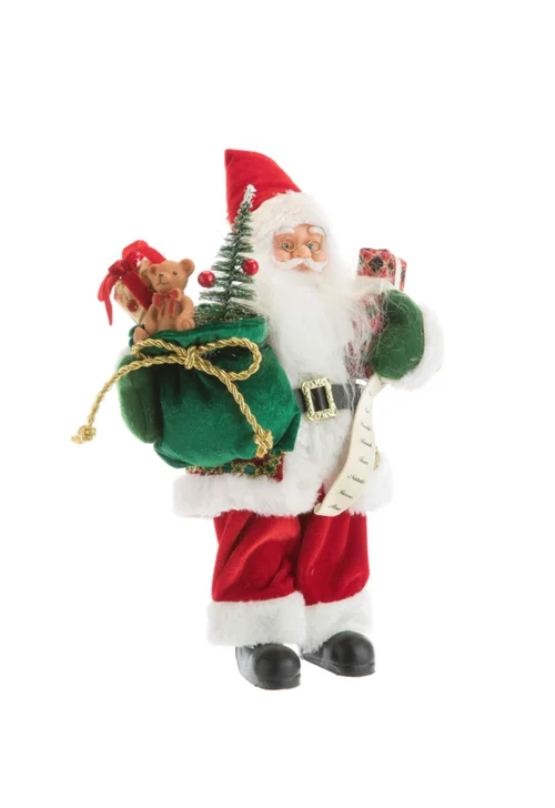 Père Noël traditionnel en tissu rouge et vert avec cadeaux - 80 cm