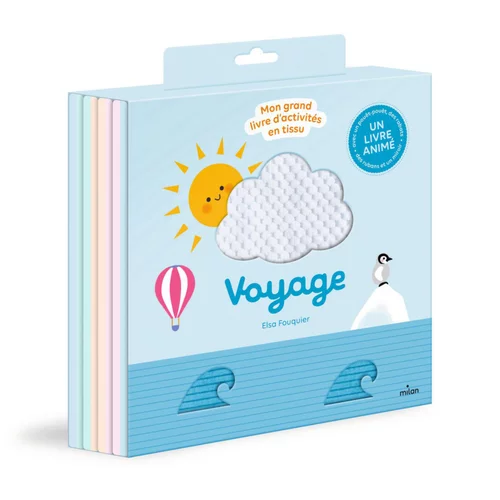 Livre sensoriel Mon grand livre d'activités en tissu Voyage aux Éditions Milan - 8 pages