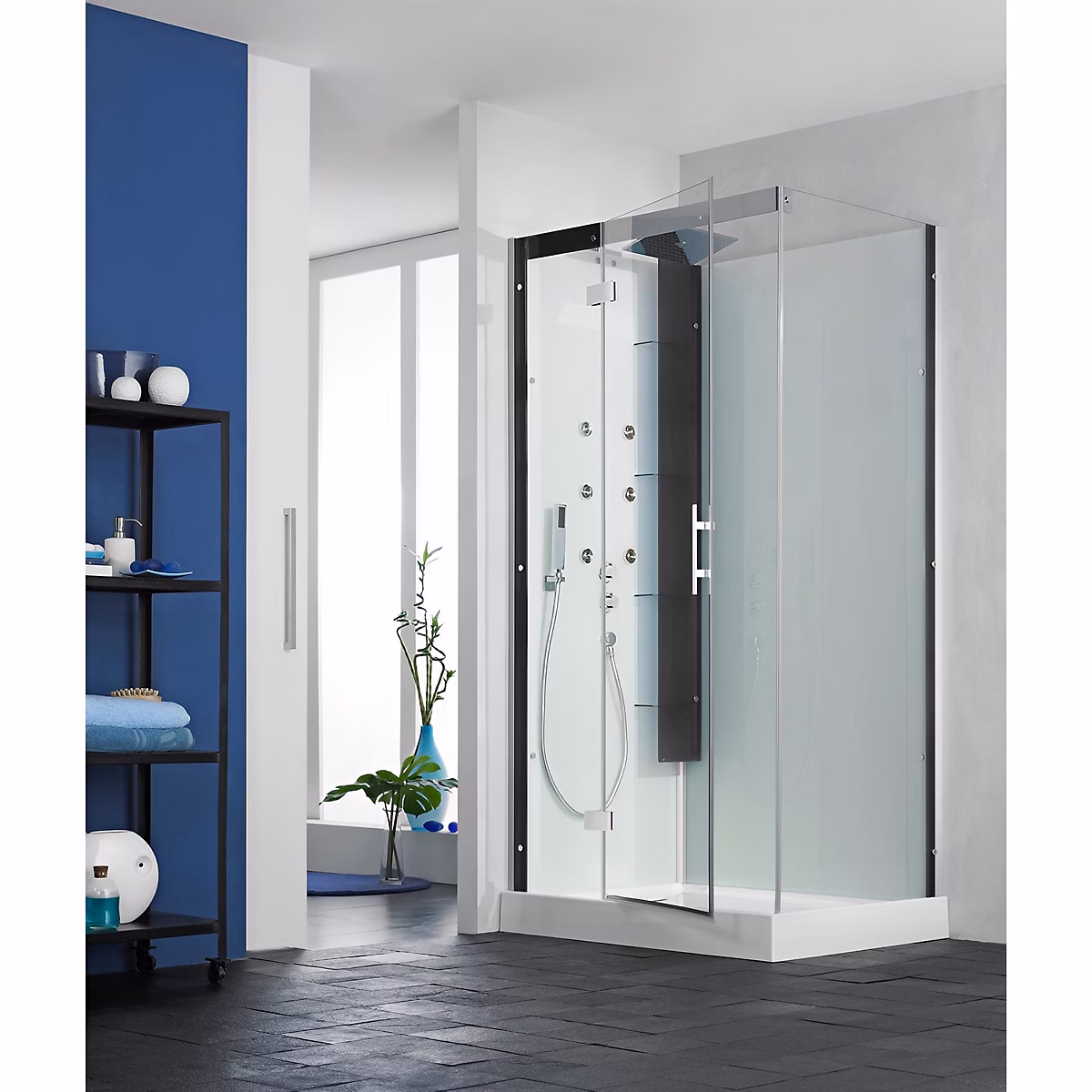 Cabine de douche hydromassante KINEDO HORIZON 110 × 100 hauteur receveur 12 – 5cm 1 coulissant finition perle noire