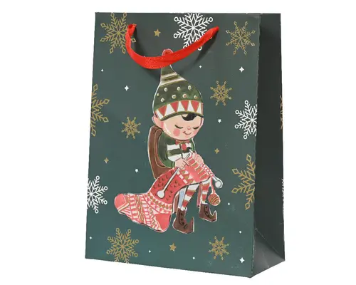 Sac cadeau en papier métallisé vert décor elfe petit modèle - 8 x 18 x 24 cm