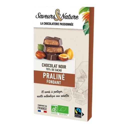 18 carrés fourrés praliné enrobés de chocolat noir bio Saveurs et Nature - 80 g