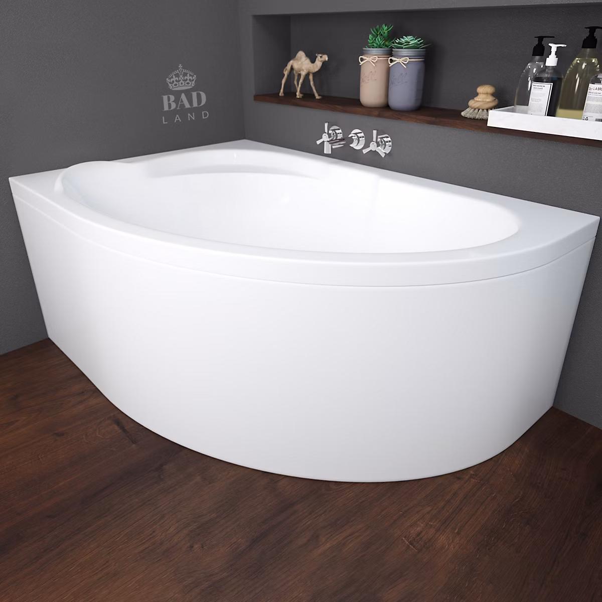 Baignoire asymétrique 130 x 85 Gauche STANDARD acrylique blanc + avec Tablier + Pieds + Vidage à chromé | Baignoire