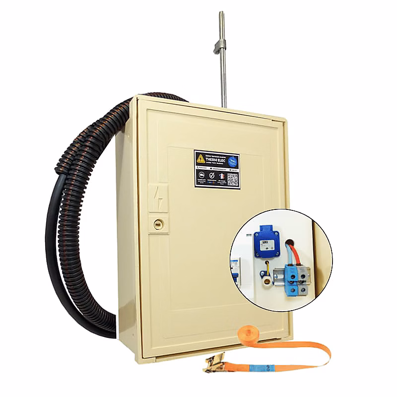 Coffret de chantier monophasé 12 kW – pack complet raccordement aérien 15m conforme ENEDIS avec 1 prise et bornier IP2X