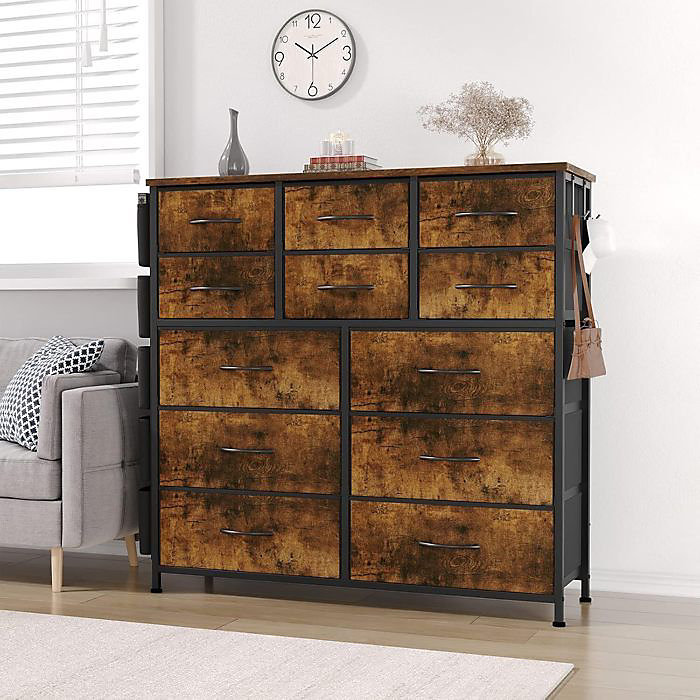 Commode – PROMIRACAL, 12 tiroirs en tissu avec poignées, Structure métal, Marron, Style scandinave