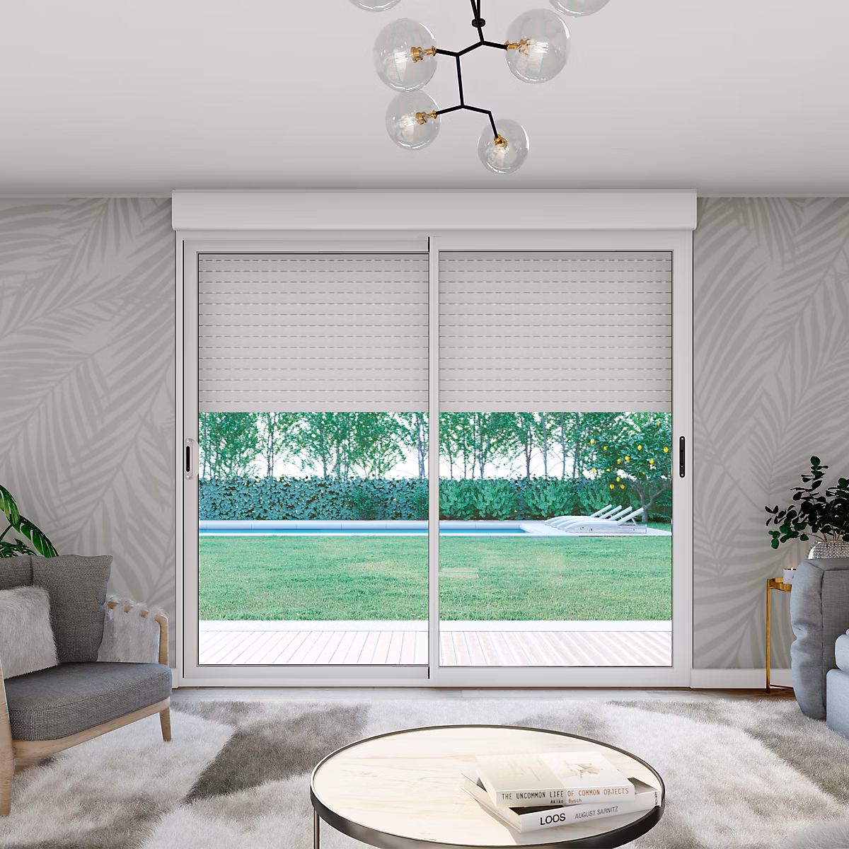 Baie vitrée coulissante aluminium blanc volet roulant radio fréquence 200 × 240 cm – Uw 1, 7