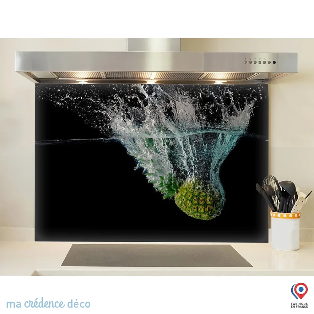Crédence cuisine fond de hotte Bain et ananas – Verre trempé, L 70 cm x H 60 cm, MaCrédenceDéco