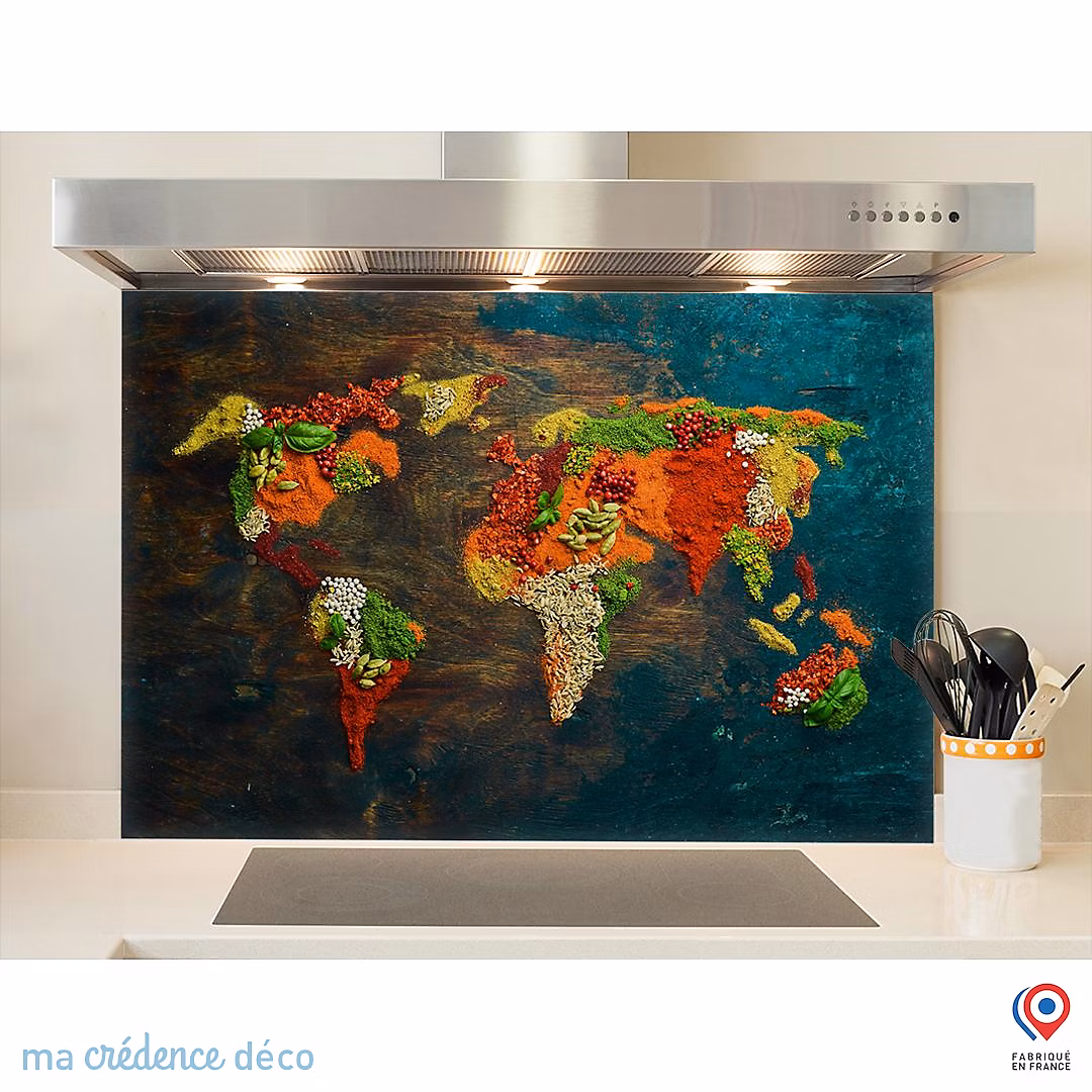 Crédence cuisine fond de hotte Epices et carte du monde 1 – Verre trempé, L 90 cm x H 60 cm, MaCrédenceDéco