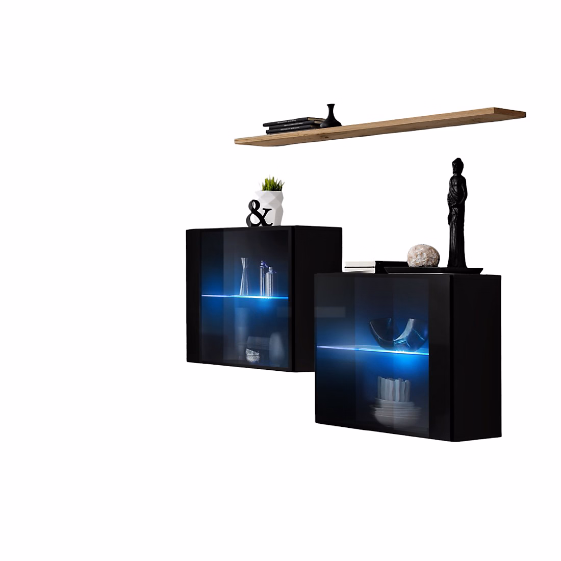 Composition murale SWITCH SBIII Cubes vitrés LED et étagère Noir brillant et chene Wotan Design moderne – Réf. YABSZBOOG1225407227