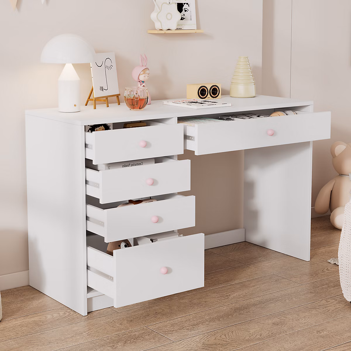 Bureau Enfant – Bureau Ado avec 5 Tiroirs et Rangement, Coiffeuse Bureau MDF, Blanc, 120 × 45 × 74 cm