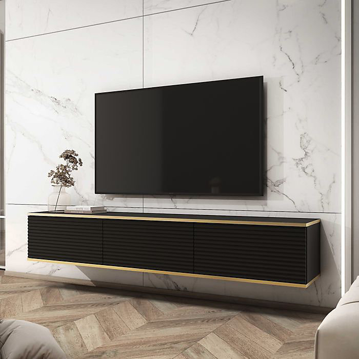 Banff TV175 MDF – meuble TV, noir mat, chêne artisanal, largeur 175 cm, hauteur 30 cm, profondeur 32 cm